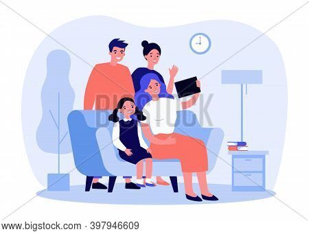 Happy Family Using Tablet For Video Call. Parents, Kid, Grandparent Flat Vector Illustration. Commun