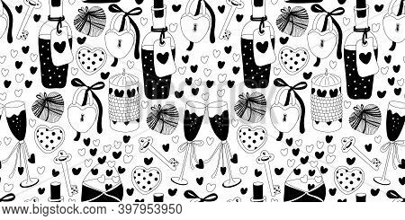 Seamless Pattern With Love Potion, Glasswine, Hearts, Candles, Padlocks, Keys. Valentine's Day Decor