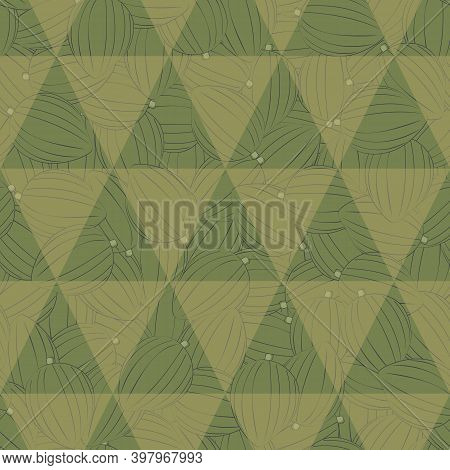 Vector Vegetables Squash In Green With Triangle Texture On Green Background Seamless Repeat Pattern.