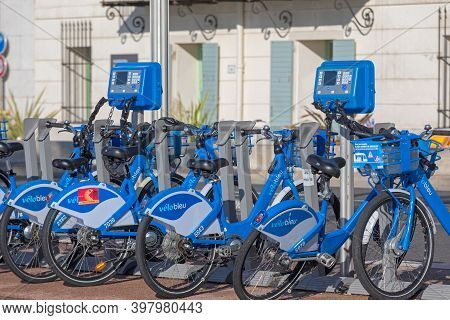 Nice, France - January 31, 2018: Blue Bicycles Rental Velo Bleu At Street In Nice, France.