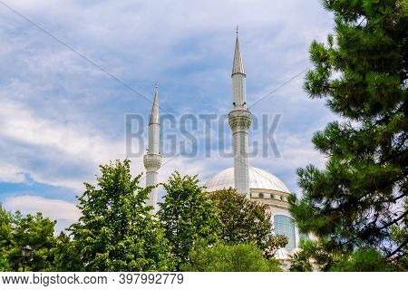 Shkoder Or Shkodra/albania - August 8, 2020: Part View Of Abu Bekr Mosque - White Towers And Dome Ov