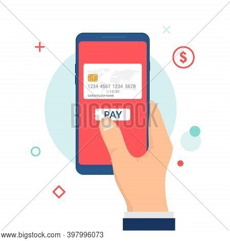 Mobile Payment Vector Icon. Online Bank Card Hold Phone Flat Digital Mobile Payment