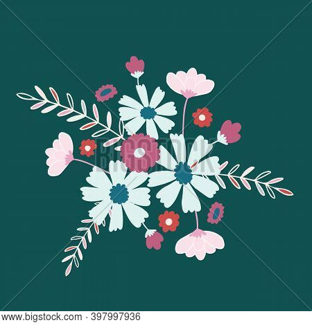 Blue And Green Daisies And Tulips Bouquet Illustration Print