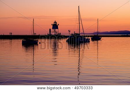 Sailboats And Lighthouse, Sunset, Grand Marais