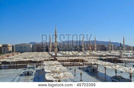 Nabawi Mosque minarets and umbrellas