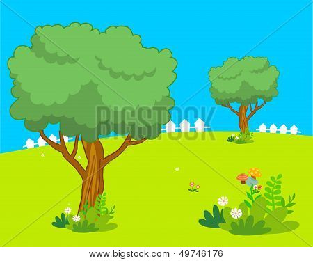 beautiful cartoon landscape with tree and flower