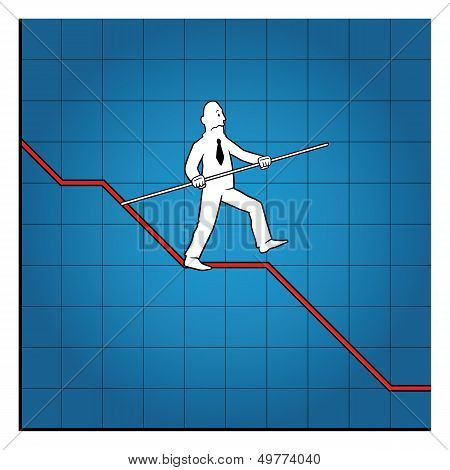 Business man balancing on declining graph