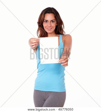 Charismatic Woman Holding A Blank Card