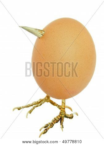 Chicken egg as bird with beak and legs isolated on white