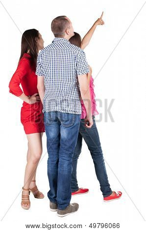 Back view of three friends pointing. group of people watching somewhere. Rear view people collection.  backside view of person.  Isolated over white background.