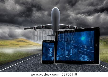 Interface on tablet and smartphone screens against 3d plane taking off over street
