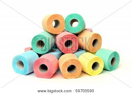 A lot of colorful toilet paper rolls