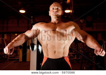 Bodybuilder แสดงให้เห็นถึงกล้ามเนื้อของเขา