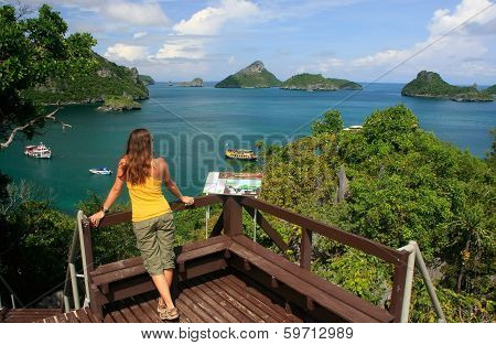 Young Woman Standing At Overlook, Mae Koh Island, Ang Thong National Marine Park, Thailand