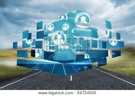 Online community on abstract screen against 3d plane taking off over street