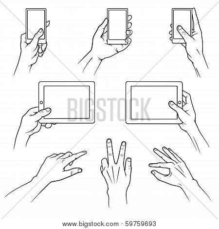 Set of hands using mobile devices