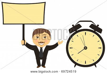 businessman with board in hand and clock