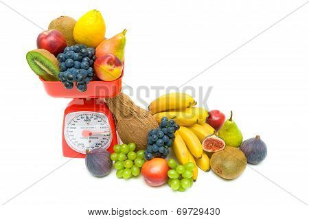 Healthy Food - Fresh Fruit And Kitchen Scale On White Background.