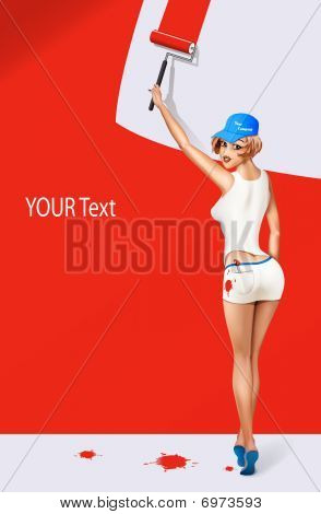 여 자가 화가 큰 벽