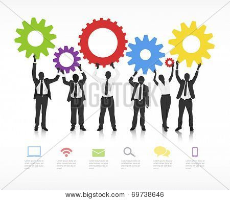 Real business people with infographic elements.