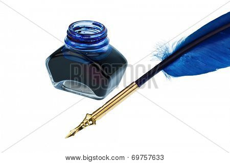 a blue feather pen with an ink bottle on white background