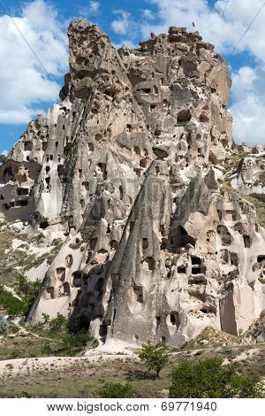 view of Uchisar castle in Cappadocia Turkey