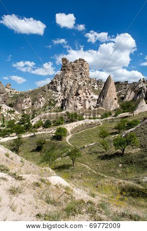 view of Uchisar castle in Cappadocia Turkey