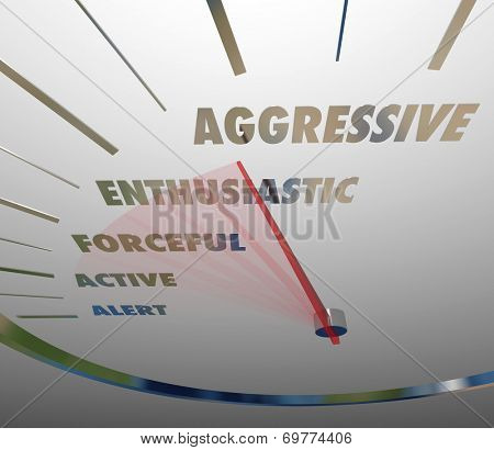 Aggressive and related terms such as enthusiastic, forceful, active and alert on a speedometer or gauge measuring how bold you are