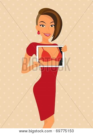 Woman wearing red dress is flirting using tablet pc