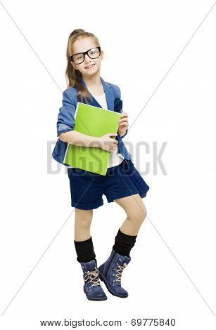 Schoolgirl Child In Glsses Holding Book. Student School Girl Isolated White Background
