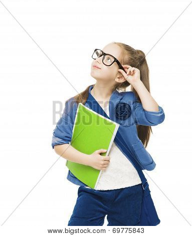 Schoolgirl Child In Glsses With Books Looking Up. Student School Girl Isolated White Background