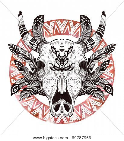 psychedelic ethnic cow scull with feathers and border