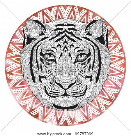 psychedelic tiger isolated with watercolor border