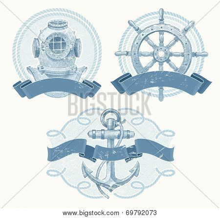 Nautical emblems with hand drawn elements - old diving helmet, ship steering wheel and anchor