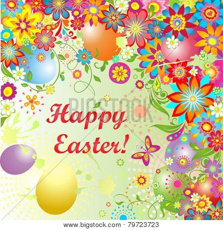 Easter card with colorful eggs and flowers