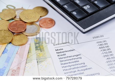 Euro Bill And Coins With Chart And Calculator