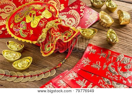 Chinese New Year Decoration,chinese Red Bag And Golden Bullion