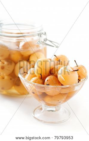 Apple Compote In A Glass Vase And Jar On White Background