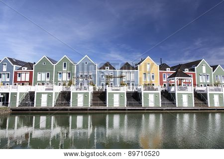 Floating Wooden Houses In The Neighbourhood Rietveld In The Dutch Town Of Houten