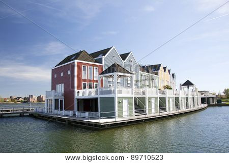 Floating Wooden Houses In The Neighbourhood Rietveld In The Dutch Town Of Houten