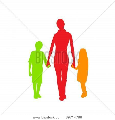 Family Silhouette Mother with Two Kids Holding Hands
