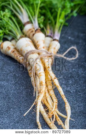 Fresh Parsley With Root On Table
