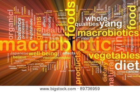 Background text pattern concept wordcloud illustration of macrobiotic diet glowing light