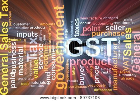 Background text pattern concept wordcloud illustration of GST tax glowing light