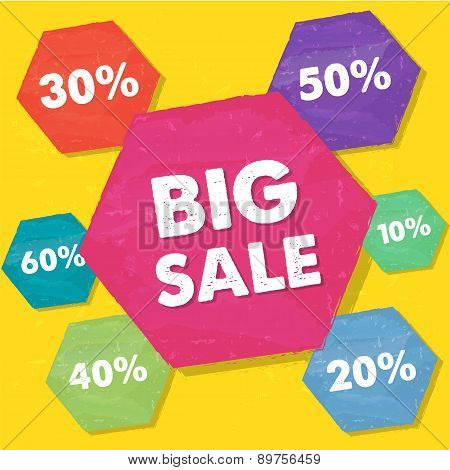 Big Sale And Percentages In Grunge Flat Design Hexagons