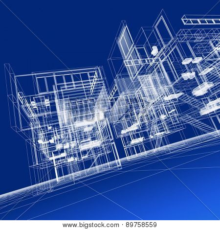 3D rendering of a transparent building against a blue background