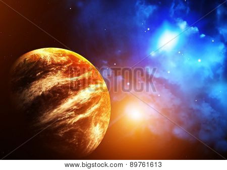 A beautiful space scene with planet and nebula. Elements of this image furnished by NASA