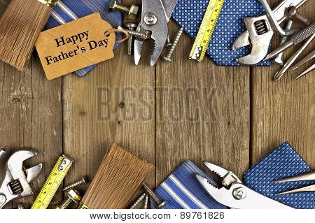 Fathers Day tag with tools and ties frame on wood