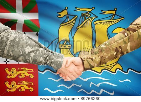Men In Uniform Shaking Hands With Flag On Background - Saint-pierre And Miquelon