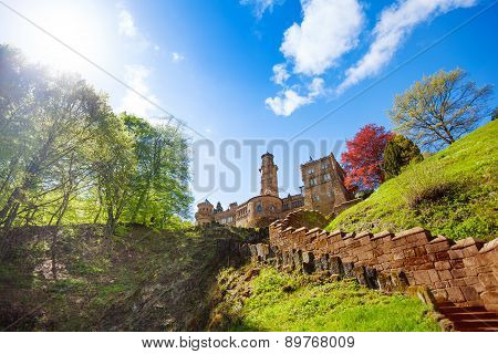 View of Lowenburg castle on the hill and stairs